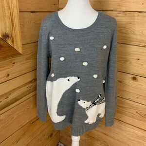 Whimsical Gray Polar Bear Mama & Baby Grey Sweater Pom Poms Women’s Medium CUTE!